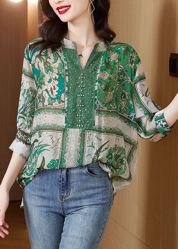 Stylish Green V Neck Print Zircon Patchwork Cotton Tops Summer