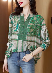 Stylish Green V Neck Print Zircon Patchwork Cotton Tops Summer