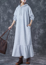 Stylish Grey Hooded Patchwork Ruffles Cotton Pullover Streetwear Dress Fall