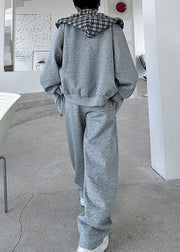 Stylish Grey Hooded Pockets Patchwork Cotton Men Two Pieces Set Fall