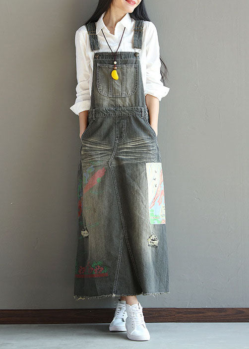 Stylish Grey Patchwork Print Denim Carpenter Dress Spring