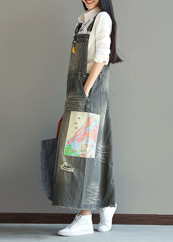 Stylish Grey Patchwork Print Denim Carpenter Dress Spring