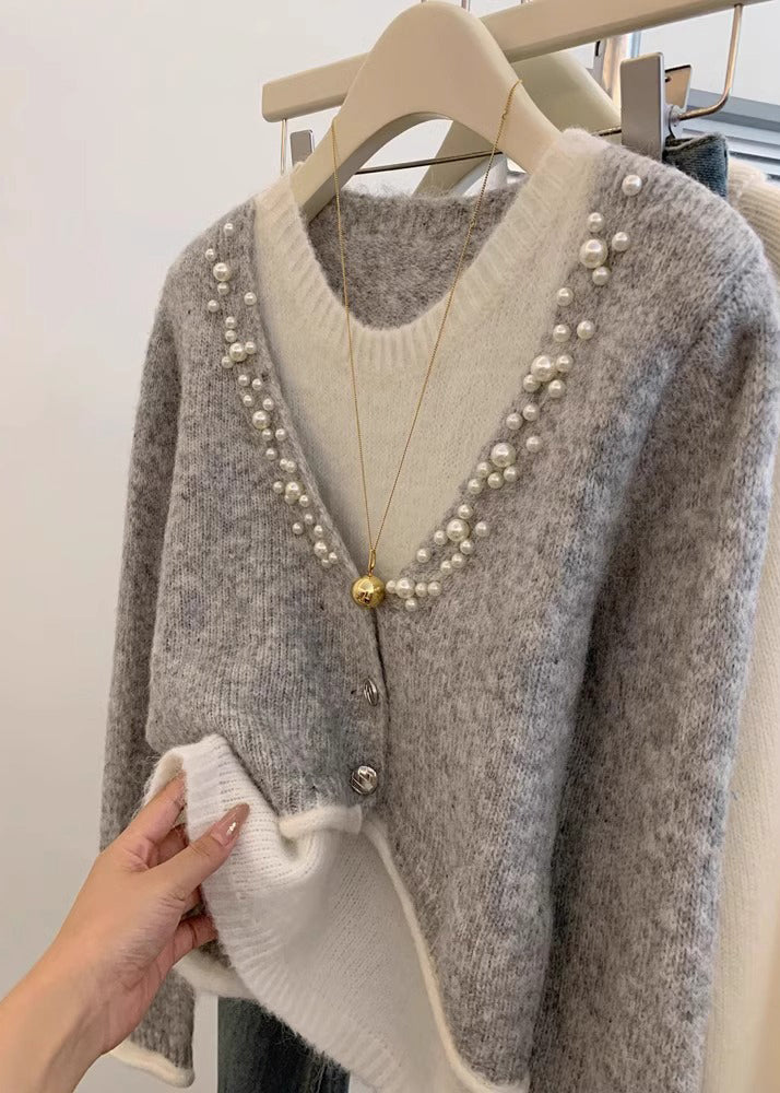 Stylish Grey Pearl False Two Pieces Knit Sweaters Winter