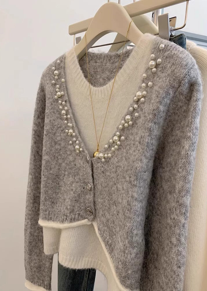 Stylish Grey Pearl False Two Pieces Knit Sweaters Winter