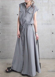 Stylish Grey Peter Pan Collar Patchwork Drawstring Cotton Dresses Sleeveless