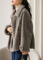 Stylish Grey Peter Pan Collar Pockets Patchwork Wool Coats Winter