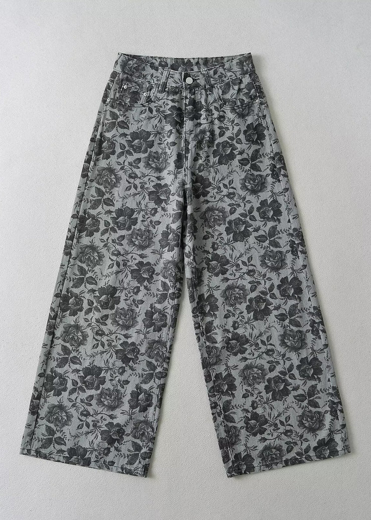 Stylish Grey Print Pockets Denim Wide Leg Pants Fall