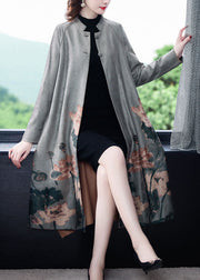 Stylish Grey Stand Collar Oversized Print Faux Suede Coat Long Sleeve