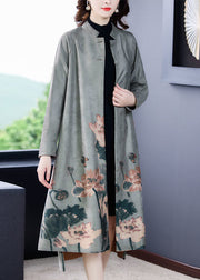 Stylish Grey Stand Collar Oversized Print Faux Suede Coat Long Sleeve