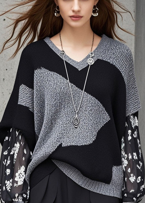 Stylish Grey V Neck Patchwork Knit Fake Two Piece Sweater Fall