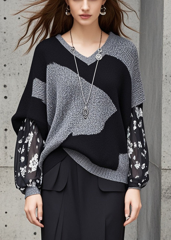 Stylish Grey V Neck Patchwork Knit Fake Two Piece Sweater Fall