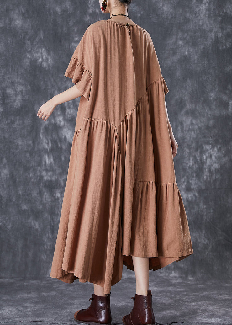 Stylish Khaki Asymmetrical Wrinkled Cotton Party Dress Flare Sleeve