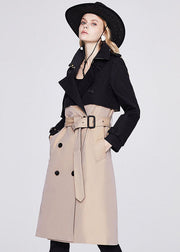 Stylish Khaki Black Peter Pan Collar Patchwork Double Breast Cotton Cinch Trench Coats Spring