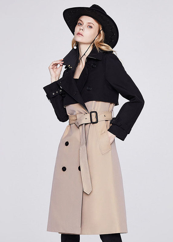 Stylish Khaki Black Peter Pan Collar Patchwork Double Breast Cotton Cinch Trench Coats Spring