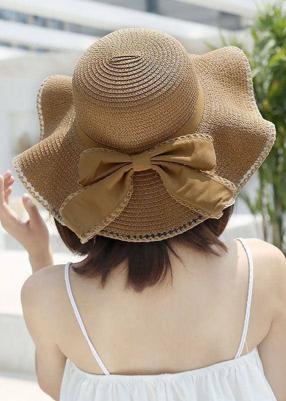 Stylish Khaki Bow Beach Straw Woven Floppy Sun Hat