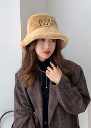 Stylish Khaki Fuzzy Fur Graphic Bucket Hat