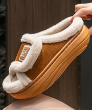 Stylish Khaki Fuzzy Fur Slippers Shoes Platform