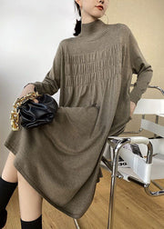 Stylish Khaki High Neck Oversized Wrinkled Knit Dresses Spring