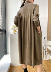 Stylish Khaki High Neck Oversized Wrinkled Knit Dresses Spring