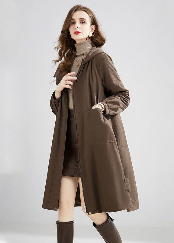 Stylish Khaki Hooded Oversized Pockets Warm Fleece Trench Winter