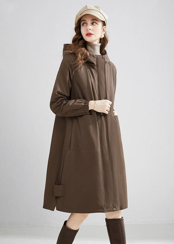 Stylish Khaki Hooded Oversized Pockets Warm Fleece Trench Winter