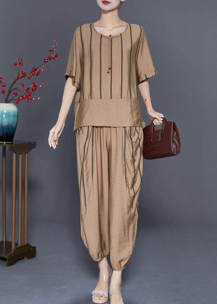 Stylish Khaki Oversized Patchwork Linen Two Pieces Set Summer