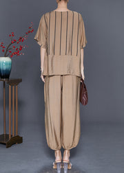 Stylish Khaki Oversized Patchwork Linen Two Pieces Set Summer