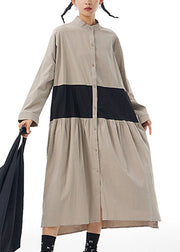 Stylish Khaki Stand Collar Patchwork Button Cotton Long Shirt Dress Long Sleeve