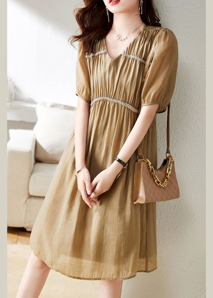 Stylish Khaki V Neck Patchwork Wrinkled Chiffon Maxi Dress Short Sleeve