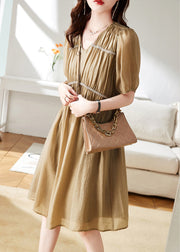 Stylish Khaki V Neck Patchwork Wrinkled Chiffon Maxi Dress Short Sleeve