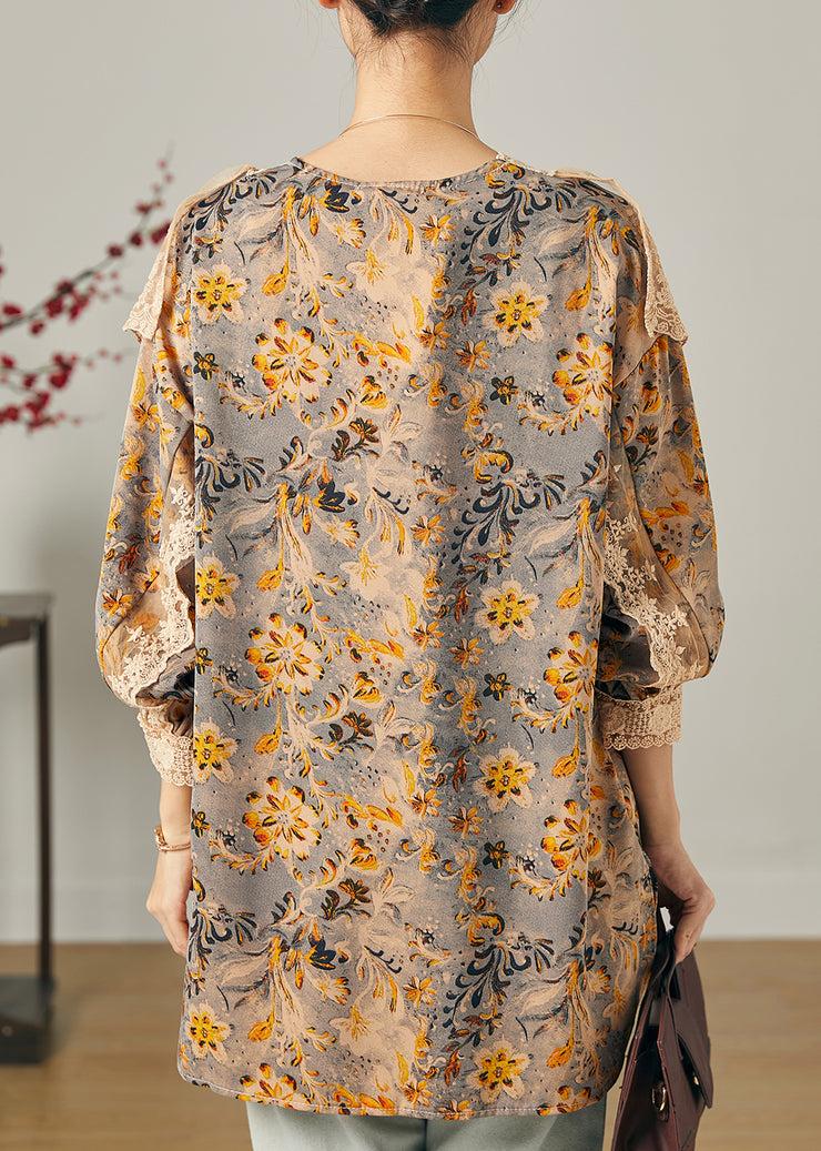 Stylish Khaki V Neck Print Chiffon Shirt Top Spring