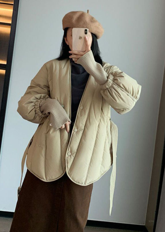 Stylish Khaki V Neck Sashes Duck Down Cinch Coat Winter