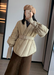 Stylish Khaki V Neck Sashes Duck Down Cinch Coat Winter