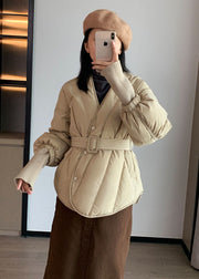 Stylish Khaki V Neck Sashes Duck Down Cinch Coat Winter