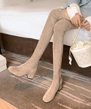 Stylish Khaki Velour Zippered Splicing Chunky Knee Boots