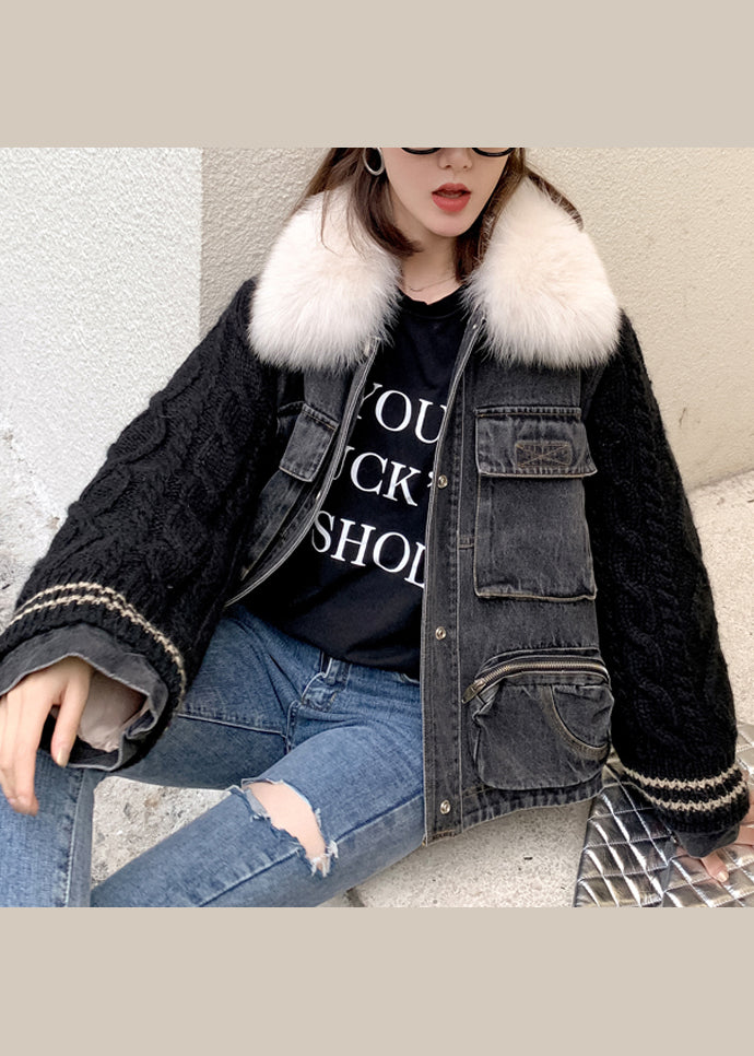 Stylish Knitted Patchwork Warm Fleece Denim Jacket Winter