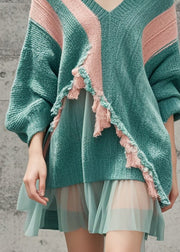 Stylish Lake Green Asymmetrical Patchwork Tulle Sweater Dress Fall