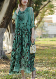 Stylish Lake Green Embroideried Patchwork Silk Long Dress Half Sleeve