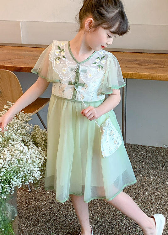 Stylish Light Green Embroideried Wrinkled Patchwork Tulle Kids Girls Dress Summer