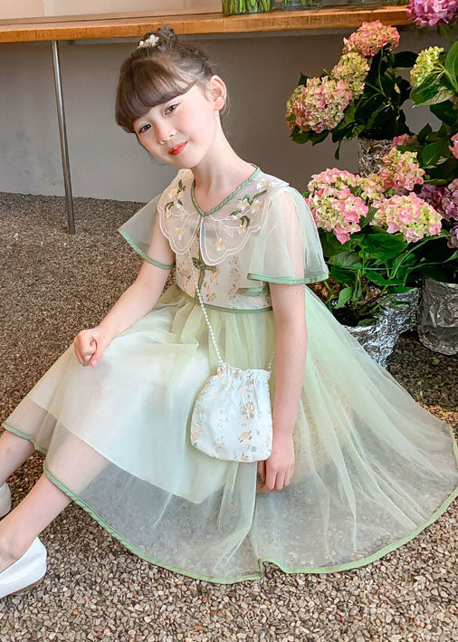 Stylish Light Green Embroideried Wrinkled Patchwork Tulle Kids Girls Dress Summer