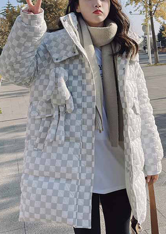 Stylish Light Green Hooded Pockets Plaid Fine Cotton Filled Coat Winter