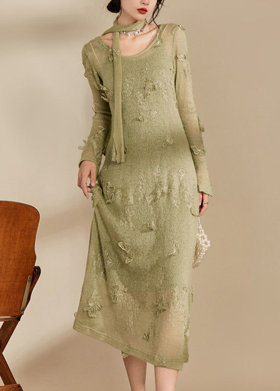 Stylish Light Green O-Neck Butterfly Knit Long Dress Fall