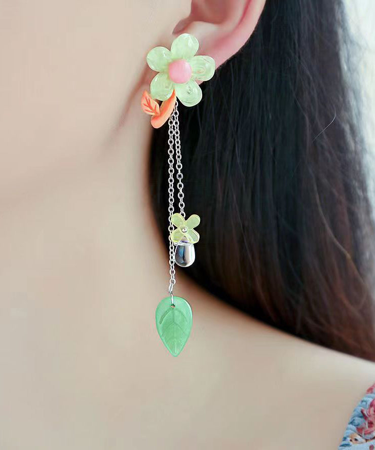 Stylish Light Green Sterling Silver Crystal Floral Tassel Drop Earrings