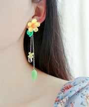 Stylish Light Green Sterling Silver Crystal Floral Tassel Drop Earrings