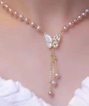 Stylish Light Purple Sterling Silver Alloy Zircon Butterfly Pearl Tassel Pendant Necklace