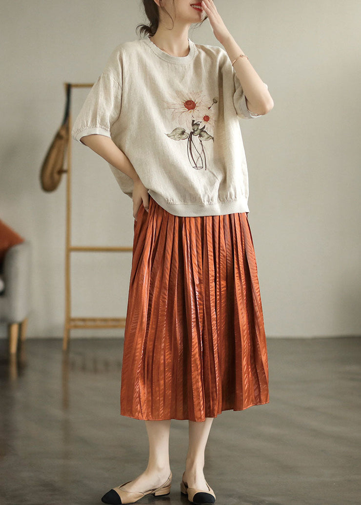 Stylish Linen Color O-Neck Oversized Print Linen Tank Tops Short Sleeve