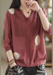 Stylish Mulberry Hooded Dot Print Knit Loose Coat Spring