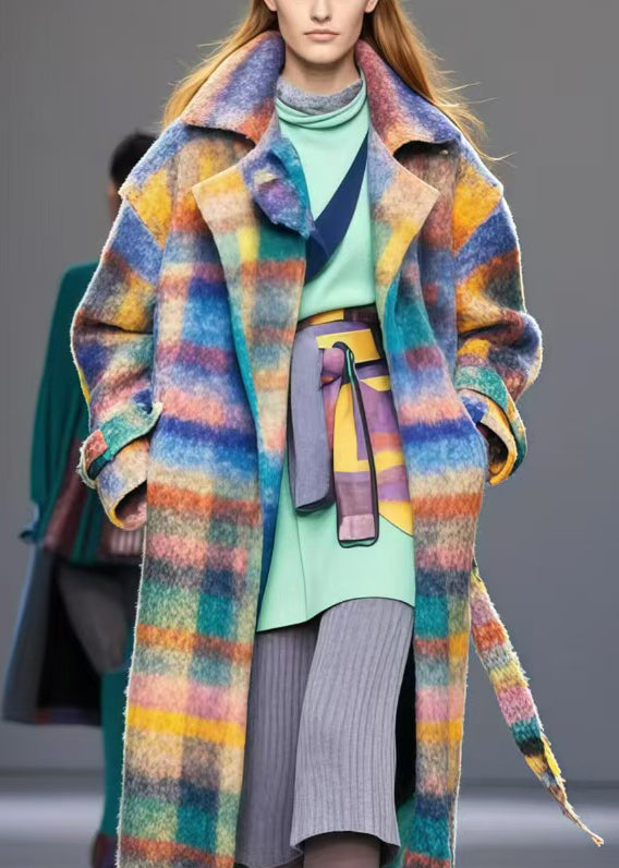 Stylish Multicolor Oversized Plaid Woolen Coat Fall