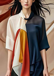 Stylish Navy Asymmetrical Patchwork Chiffon Shirt Half Sleeve