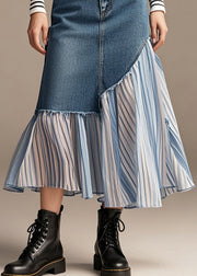 Stylish Navy Asymmetrical Patchwork Denim Pleated Skirt Spring